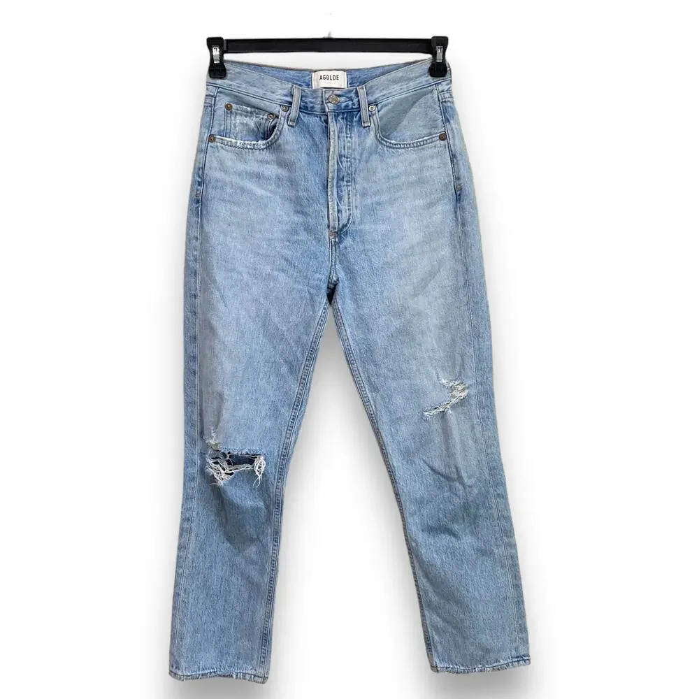 AGOLDE High Rise Straight Crop Jeans in Shatter Light Wash Size 26 Distressed
